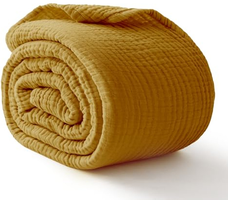 Kozyhvn Coperta in 100% mussola di cotone, grande, 127 x 177,8 cm, 6 strati, traspirante e leggera, coperta per divano, morbida coperta in garza estiva per adulti per tutte le stagioni, senape