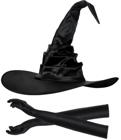 fshxj Hexenhut Damen,HexenkostüM Damen,Halloween KostüM Hexe,Hexen Hut Kleid Accessoires,Witch Und 52cm Handschuhe,Lange Mit Schwarz Costume Frauen,Haarreif Hat Set,Gothic Hexenumhang