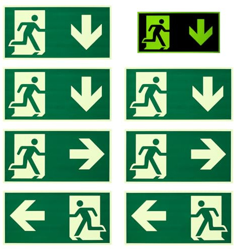 7 PcsSeñal de salida de emergencia, Señal Evacuación Homologada, Izquierda Derecha Abajo Salida flecha LuminiscenteSeñal de Flecha InferiorSeñal de Rescate de Ruta de Escape para puertas oficinas