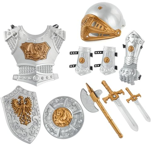 BEAHING Costume da Cavaliere per Bambini: 10 Pezzi/Set di Armatura simulata da Cavaliere Medievale Include Casco, Scudo, Spade, Ascia, Cosplay