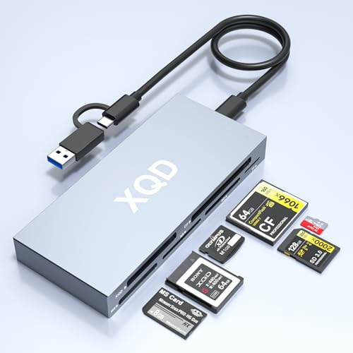 Lector de tarjetas XQD 10Gbps Lector de Tarjetas de Memoria 6 en 1 para XQD(Sony G/M Series,Lexar 2933x/1400x)/SD/CF/XD/MS/TF,USB-C + USB-A Lector Tarjetas SD USB 3.2 para Windows/Linux/Mac OS/Android