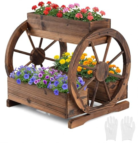COSTWAY Cama de Jardín Elevada de 2 Niveles, Macetero de Madera Decorativo con 3 Cajas de Cultivo, Orificios de Drenaje y Ruedas, Maceta para Flores, Verduras Hierbas, Exterior e Interior