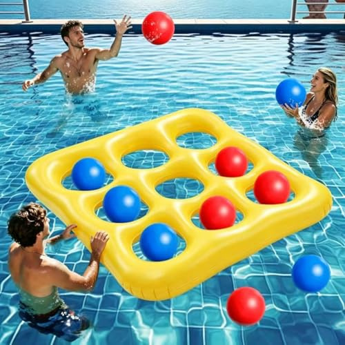 Poolleksak Tic Tac Toe 3 x 3 – uppblåsbar simlek med 10 bollar och luftpump – poolleksak för barn och vuxna – vattenlek för trädgård, pool, fest, sommar