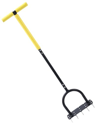 Gräsluftare - manuell skärmaskin för spetsar, gräsmatta med halkfritt T-handtag | 10/15 massiva stålspetsar, 100 cm längd, för att lossa golv, gräs, trädgårdsrengöring, skörd