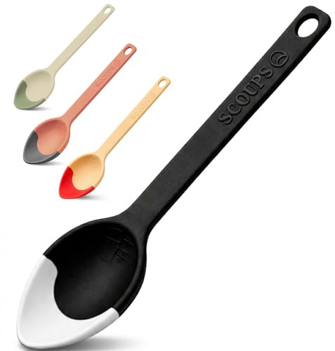 Silicone Serving Spoon with Soft Tip Edge – Scraper Spoon for Jars, Pots & Pans – 3-in-1 Scoop, Scrape & Serve – Nonstick Heat Resistant Cooking Spoon (Scoups) (Black/White)