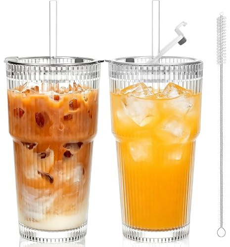 600ml Iced Coffee Cup with Lid and Straw, 2 Pack Ribbed Glass Tumblers | Leakproof glass cups for smoothies, matcha, juice, dishwasher safe, home office car gift giving, 20oz