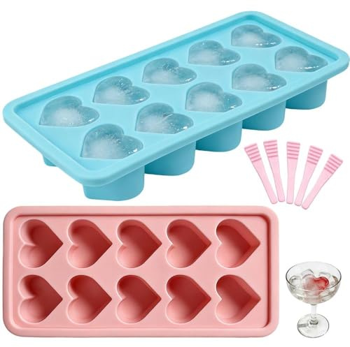 Heart Silicone Ice Cube Tray, 2 PCS Ice Cube Moulds with 5 PCS Release Sticks for Cocktails, Chocolate Making, DIY Desserts, Party Decorations