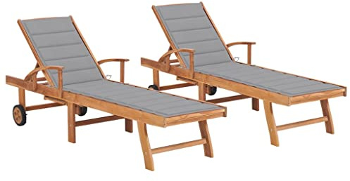 Tonture Sonnenliegen 2 STK. Grau mit Auflagen, Teakholz Massivholz Gartenliege verstellbar mit Armlehne, Rollliege für Terrasse Balkon Pool, wetterfest und ergonomisch für Outdoor Entspannung