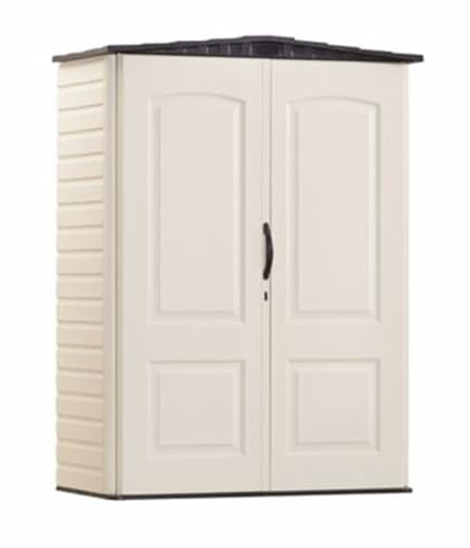 Rubbermaid Small Vertical Resin Outdoor Storage Shed With Floor (2.3 x 4.6 Ft), Weather Resistant, Beige/Brown, Organization for Home/Backyard/Pool Chemicals/Toys/Garden Tools/Porch/Patio Cushions