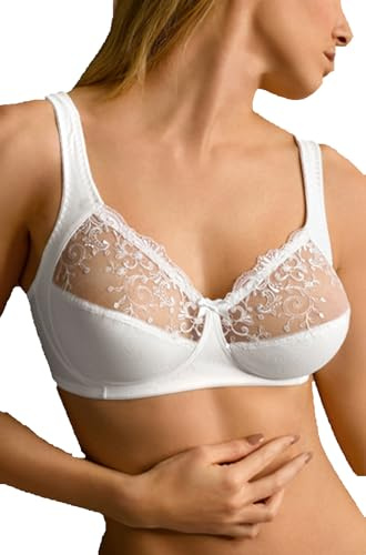Leo Corsetteria Reggiseno Tulle Pizzo Ricamato Coppa D e C No Imbottitura Senza Ferretto. Tg.6 Coppa D Bianco