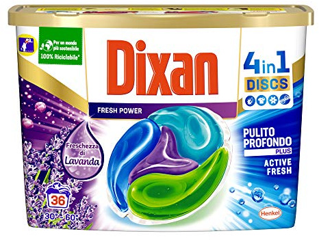 Dixan Discs Frescor di Lavanda, Detergente preformado en cápsulas 4 en 1, limpieza profunda, 36 lavados – 1 x 900 g