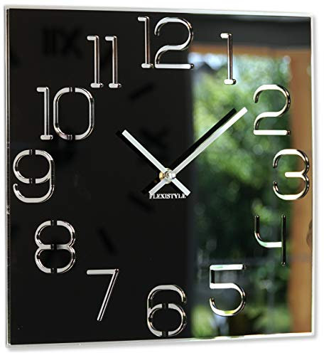 FLEXISTYLE Orologio da parete quadrato Digit diametro 30 cm, senza ticchettio, moderno, design in vetro acrilico e specchio acrilico, soggiorno, camera da letto (nero)