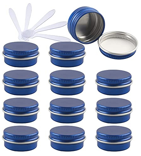 ZEOABSY 12 Pieces 10ml Blue Empty Round Aluminium Tins with Screw Lids Storage Jars Cosmetics Containers Pots for Candle Lip Balm Salve Powder Crafts with 6 Spatula