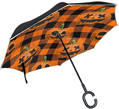 MNSRUU Umgekehrte Regenschirme, Halloween Orange Kürbis Büffel Plaid Autos Reverse Regenschirm Regenschirm mit UV Schutz, Upside Down Regenschirm