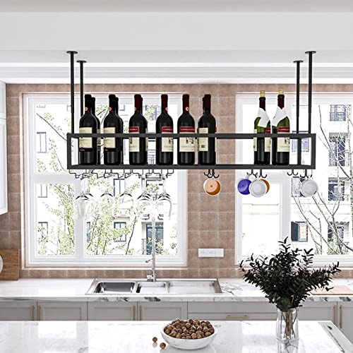 WYZDCP Weinregale mit Glashalte Deckenregal Hängend Metallflasche Rack Weinspeicherhalter, Floating Wine Shelf Metall Deckenanzeige Weinregal mit Stemware-Glas Dekorationhalter für Küchenbar