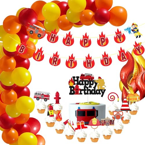 Feuerwehr Geburtstag Deko Geburtstagsdeko Feuerwehr Flamme Feuerwehrauto Feuerwehrmann Tortendeko HAPPY BIRTHDAY Girlande