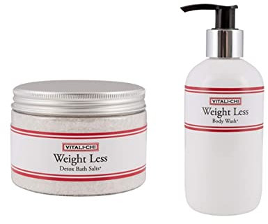 Vitali-Chi Skin Detox Epsom - Sal de baño + gel de baño con menos peso, adecuado para mal tono de piel, desintoxicación y pérdida de peso, sales del Mar Muerto (300 ml) y gel de baño con guante de