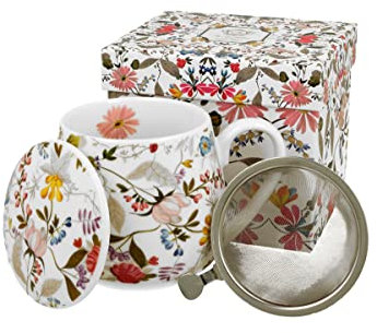 DUO ART GALLERY Fassbecher 430 ml WHITE mit Teesieb, New Bone China Porzellan