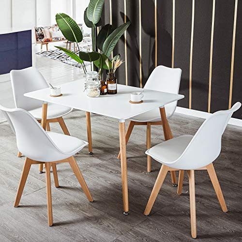 FURNITABLE Essgruppe 5-teilig | Küchentisch-Set | Esszimmertisch mit 4 Weißer Stühlen | Esszimmergruppe für Esszimmer Küche Wohnzimmer | Weißer Esstisch