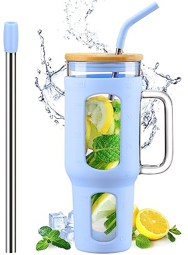 WINSA Glass Tumbler with Lid and Straw, 46 oz Iced Coffee Cup with Handle, Large Water Bottles with Silicone Sleeve, Glass Cup with Straws - Pearl Straw & Drinking Straw BPA Free-Glacier