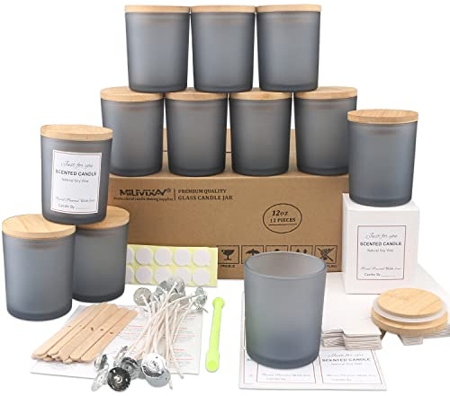 MILIVIXAY 12 Stück 340 ml Milchglas-Kerzengläser mit Deckel und Kerzenherstellungs-Kits – leere Kerzengläser für die Herstellung von Kerzen – Gewürz-, Pulverbehälter