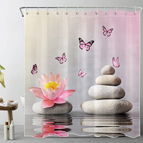 LB Zen Balance Stein Duschvorhang 180x180cm Rosa Blumen und Schmetterling Antischimmel Wasserdicht Badezimmer Vorhänge, Japanisches Spa Polyester Stoff Bad Vorhang mit Haken