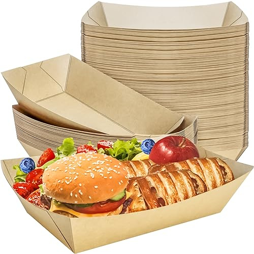 MotBach 50 Pack Extra Large 5LB Paper Food Boats Trays Disposable Paper Boat, Heavy Duty Kraft Food Serving Tray Boat Basket for Snack Popcorn Sandwich Burger Taco BBQ Dessert Fries Nacho