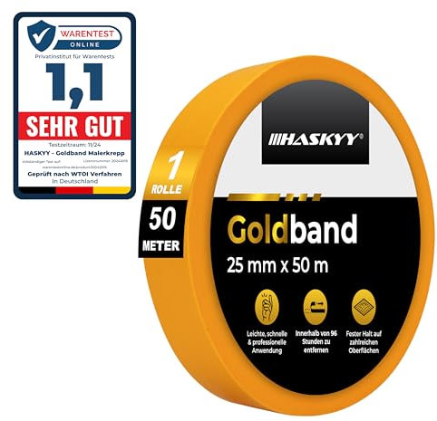 HASKYY Cinta de Pintor 25mm x 50m - rollo de cinta de carrocero pintura, masking tape - Enmascarar Paredes de Precisión Cinta Adhesiva no Deja Residuos
