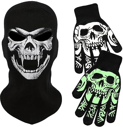 Byhsoep Cagoule Intégrale pour Halloween,Masque Halloween Homme,Masque Squelette Halloween avec Gants de Crâne Brillants dans le Noir,Masque Tête de Mort pour Fête d’Halloween,Cosplay,Carnaval (A)