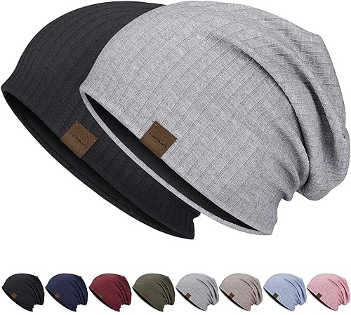 HAMUNI Slouchy Beanie Hip-Hop Bonnet de course doux et léger, respirant, adulte, nain, chapeau de chimio, pour homme et femme, Noir + gris clair., taille unique