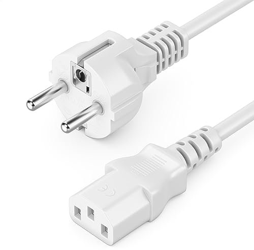 deleyCON Cable de Alimentación 1 m Tipo F (CEE 7/7) a Conector C13 para PC, Ordenador, Monitor, Impresora, Proyector - Blanco