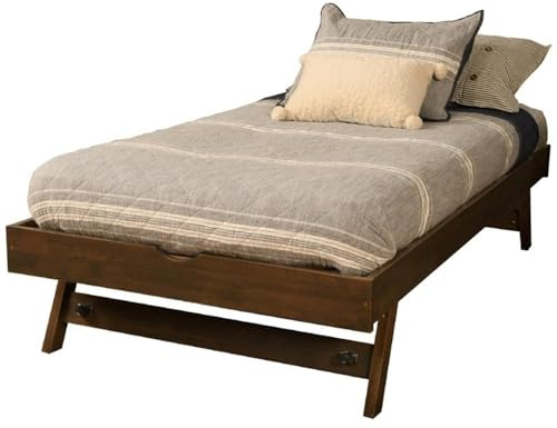 BOWERY HILL Modern Wood Twin-Size Pop Up Bed, Rustic Walnut Finish, Solid Hardwood Frame with Casters, Versatile Design for Daybed Storage or King-Size Bed Setup