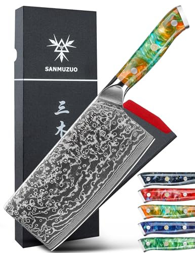SANMUZUO Damas Couteau de Chef Chinois avec Lame 18 cm Professionnel Couteaux de Cuisine en VG-10 67 Couche Damas Acier avec Poignée en Résine(Orange Fantastique) - Xuan Série
