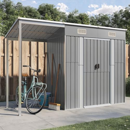 Tidyard Gerätehaus mit Schleppdach Geräteschuppen Garten Schuppen Gartenhaus Gartenschrank Geräteschrank Hellgrau 277x110,5x181 cm Stahl