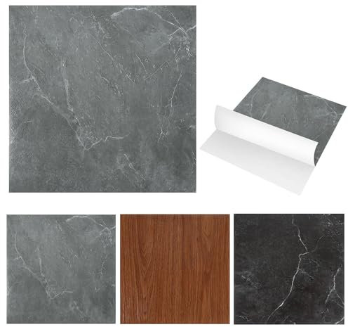 Fiqops Revêtement de sol en PVC autocollant - 30 x 30 cm - 11 dalles de 1 m² - Sol en vinyle imperméable - Antidérapant - Découpable - Aspect carrelage - Pour porte d'entrée de cuisine (marbre gris)