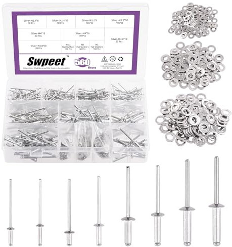 Swpeet Kit assortito di 560 rivetti pop da 3/32 1/8 5/32 3/16 con rondelle di backup in acciaio inossidabile, rivetti ciechi in alluminio assortiti con divisore etichettato custodia per la