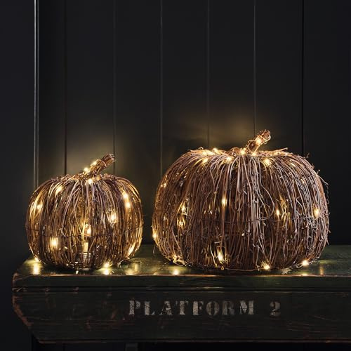 Lights4fun 2er Set LED Kürbis Rattan Optik Batteriebetrieb Timer Halloween Deko Outdoor Herbst Dekoration Halloween Kürbis Outdoor