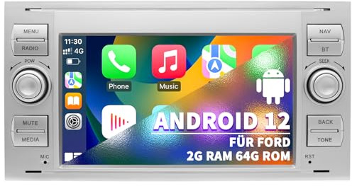 Autoradio für Ford Focus Mondeo S-Max C-Max Galaxy, CarPlay Android Auto | Android 12 System 2G+64G, 7 Zoll Touchscreen, Double Din Radio Unterstützt GPS Navi, Bluetooth WLAN