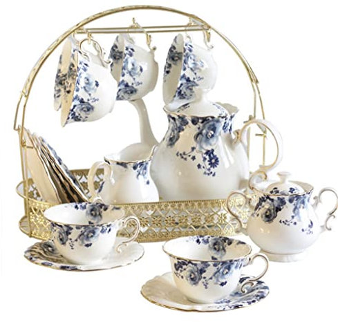 WOTZOV Kaffeeservice mit Blauer Blume aus Knochenporzellan, Keramik-Teeservice, Kanne, Tasse, Keramikschale, Teekanne, Kaffeeservice (Farbe: A, Größe