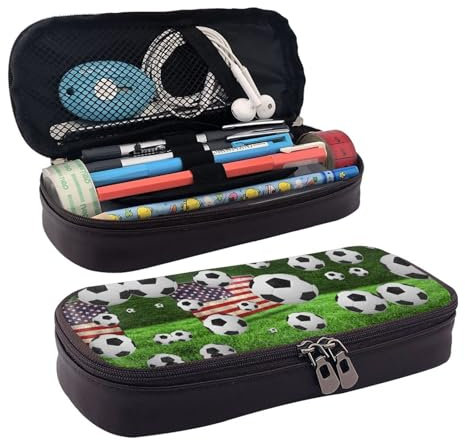 HAHAFU Soccer USA American Flag Pencil Case for Girls Boys,Leather Personalised Print Large Stationery Pencil Case with Compartments.