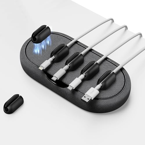 smofish Kabelmanager - Magnetischer Mehrzweck-Kabelhalter für Schreibtisch & Nachttisch, Organizer mit 6 Kabel-Clips für Lightning, USB-C & Mikro-Kabel, Dunkelgrau
