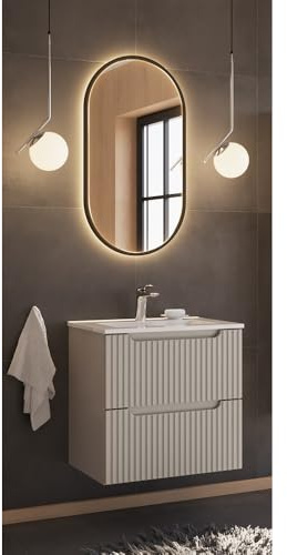 Lomadox Badezimmer Badmöbel Waschplatz Set 2-teilig mit 60cm Waschtisch & LED-Spiegel, Kaschmir, gerillte Front