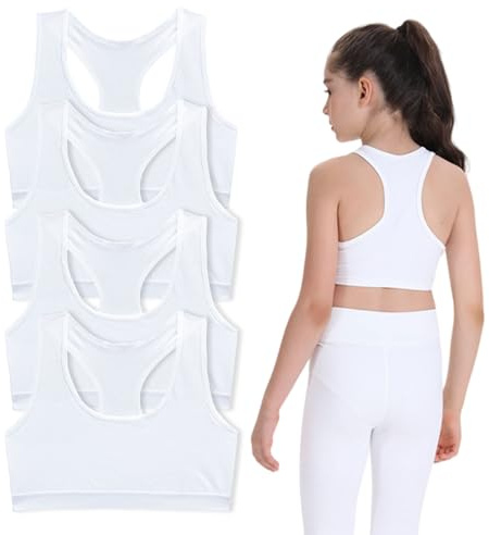 FUIPVGI 4 Pack Girls Bra, Crop Tops for Girls, Soft Comfortable Cotton Girl Sports Bras Kids Underwear Non Padded Training Bra, Crop Top Bras for Girl Kid Teens 9-14 Years (White)