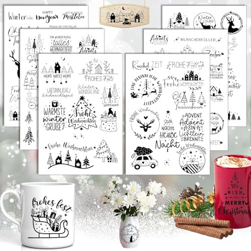 Yamobi 6er Set Rub On Sticker Weihnachten, Weihnachtsgrüße Transferfolie für Kerzen, Möbel, Glas, Holz, Fotoalbum, DIY Weihnachtsdeko Sticker Aesthetic