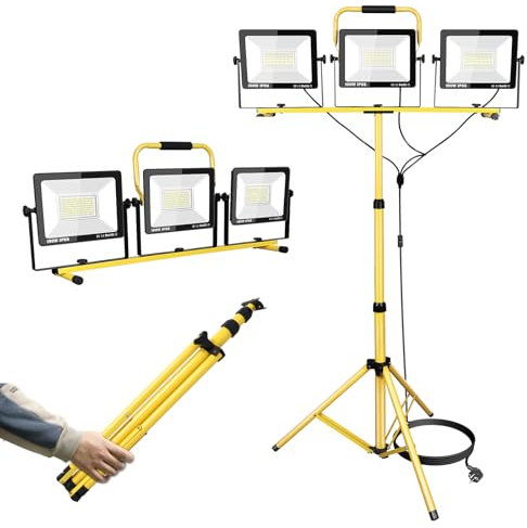 YOJZMA 3 x 100W LED Faretto da cantiere con treppiede, 30000LM 175V a 265V IP66 Impermeabile Lampada da lavoro a LED per interni ed esterni con cavo da 5 m per officina, garage, cantiere, seminterrato