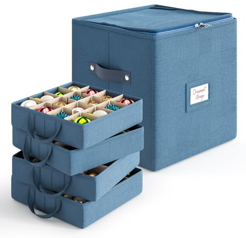 Hearth & Harbor Christmas Ornament Storage Box With 4 Inner Tray Dividers - Non-Woven Ornament Storage Container For 64 Holiday Ornaments or Decorations