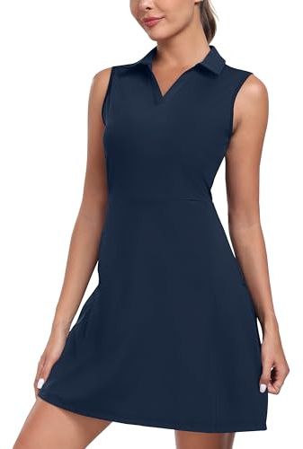 MoFiz Donna Abito da Tennis Senza Maniche con Pantaloncini Scollo a V Estivo Polo-Vestito Golf Sportivo Dress con Tasche a Zip Blu Marino EU XL