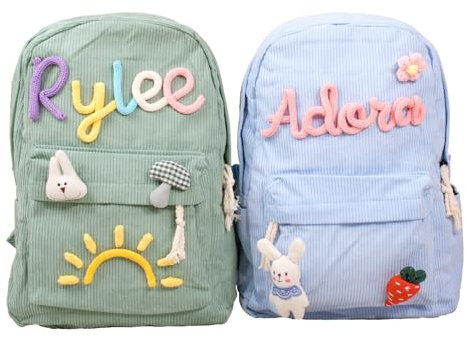 REQTYUI Zaino personalizzato in velluto a coste, borsa scolastica estetica, borsa monogramma per bambini e bambini (Rosa)