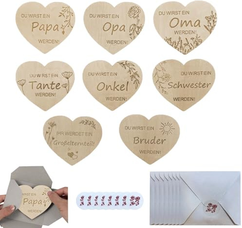 Schwangerschaft Verkünden Set – 8 Herzförmige Holzzeichen, 8 Umschläge, 8 Sticker – Überraschung für Familie und Freunde zur Schwangerschaftsverkündung Du wirst Papa, Du wirst Oma Opa Onkel Tante