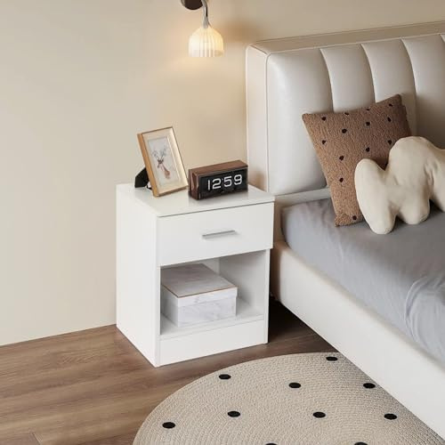 Bonnlo Table de Chevet Blanche, Table de Nuit avec 1 Compartiment Ouvert, Commode Chambre avec 1 Tiroir, Convient pour Salon Chambre Salle de Bain, 41x39x28 cm (1)